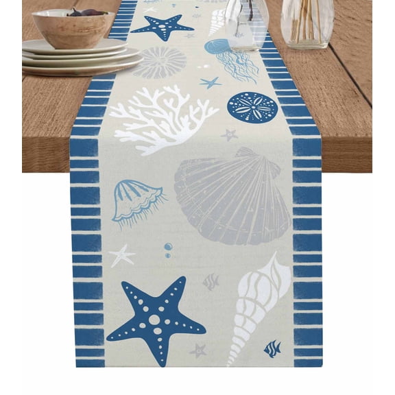 Table Runner Dresser Scarves 90 Inch Long,Ocean Starfish Shell Conch Octopus Linen Dining Table Runners Marine Theme Coral Blue Stripe Tabletop Scarf for Wedding Holiday Party Kitchen