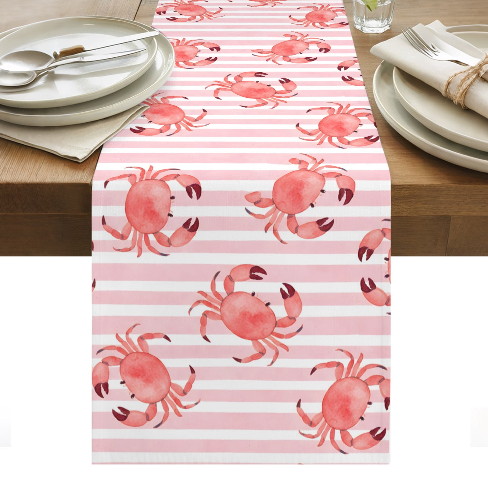 Table Runner Dresser Scarves 90 Inch Long,Pink Crab Summer Ocean Linen ...