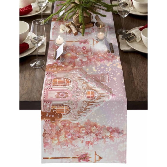 Table Runner Dresser Scarves 90 Inch Long,Pink Xmas Tree Candy Cookies Linen Dining Table Runners