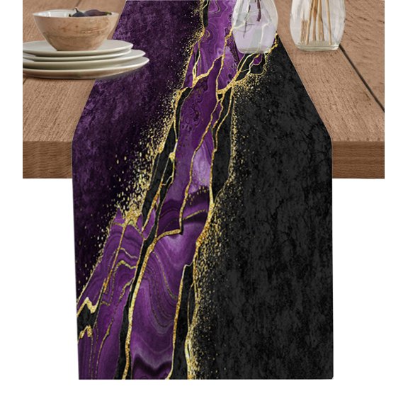 Table Runner Dresser Scarves 90 Inch Long, Purple Black Texture with Gold Line Linen Dining Table Runners Modern Wild Marble Stone Tabletop Scarf for Wedding Holiday Party Kitchen
