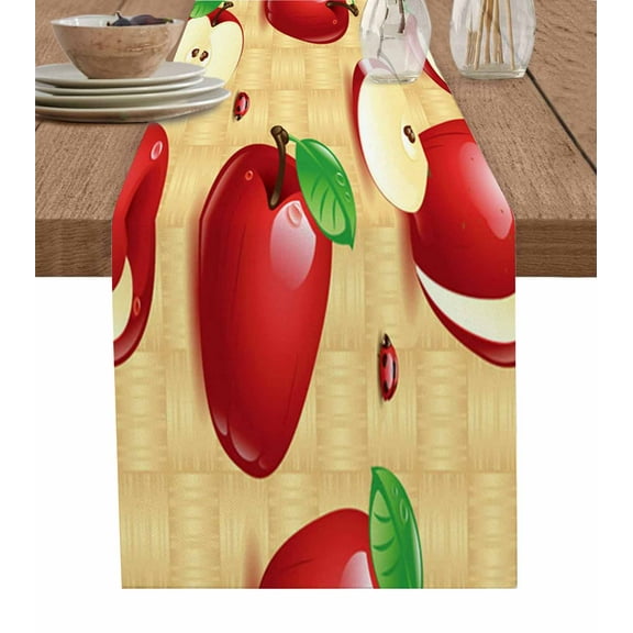 Table Runner Dresser Scarves 90 Inch Long, Red Apples Ladybug on Retro Weave Texture Linen Dining Table Runners Farmhouse Fruit Tabletop Scarf for Wedding Holiday Party Kitchen