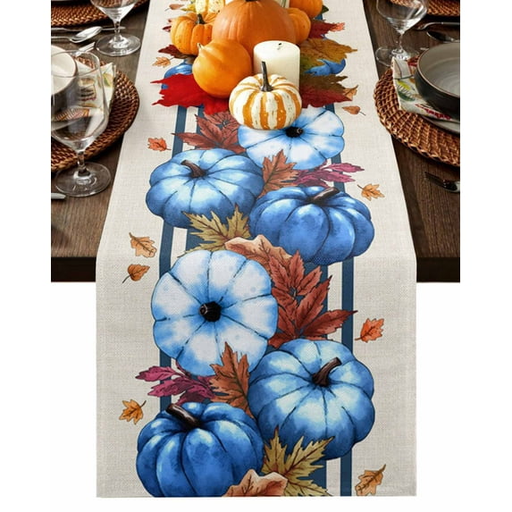 Table Runner Dresser Scarves 90 Inch Long,Retro Autumn Blue Pumpkins Linen Dining Table Runners