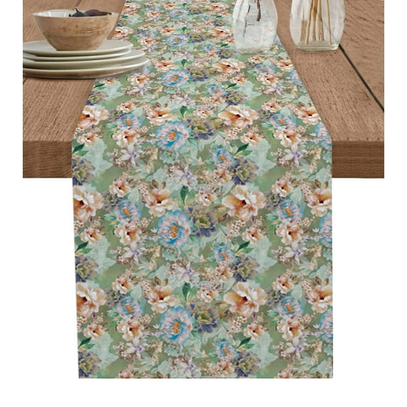 Table Runner Dresser Scarves 90 Inch Long, Retro Classical Blossoming Floral Linen Dining Table Runners Watercolor Garden Art Flower Tabletop Scarf for Wedding Holiday Party Kitchen