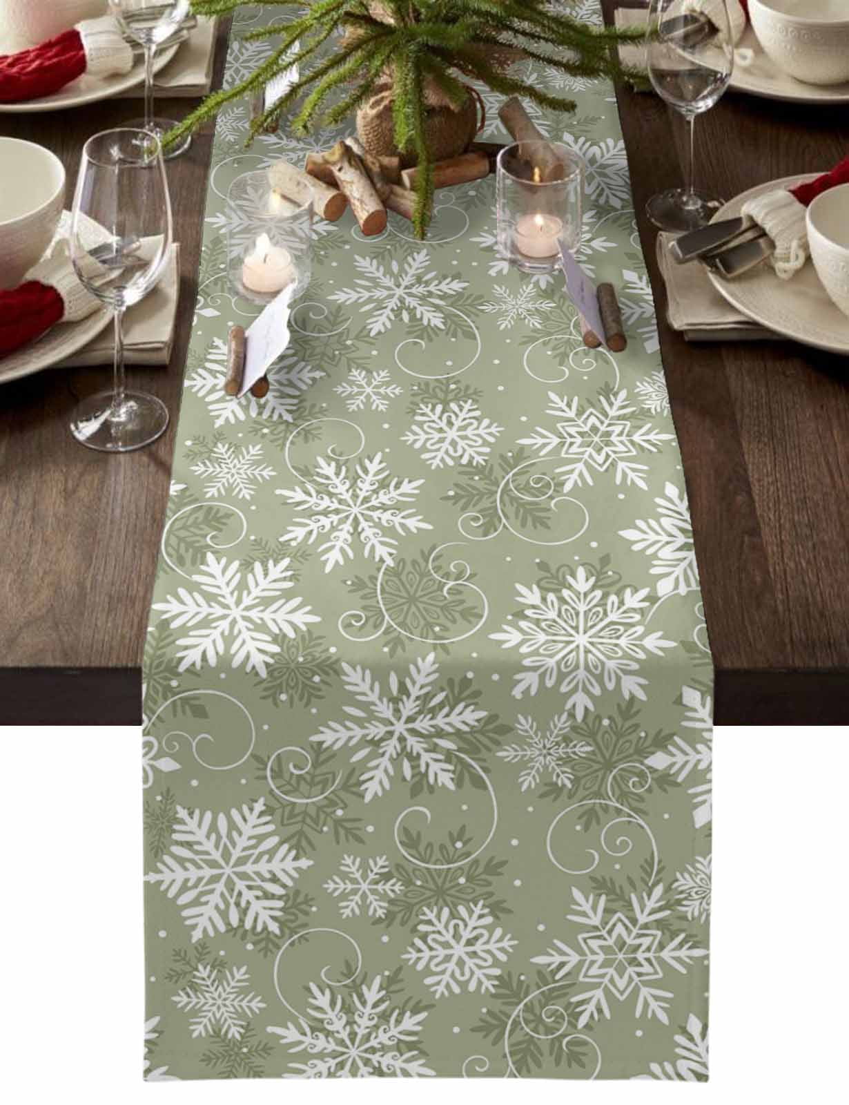 Table Runner Dresser Scarves 90 Inch Long,Sage Green Christmas Snowflake Linen Dining Table Runners