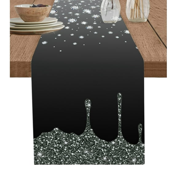 Table Runner Dresser Scarves 90 Inch Long, Shining Crystal Bling Diamond Linen Dining Table Runners Water Drop on Black Grey Tabletop Scarf for Wedding Holiday Party Kitchen