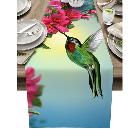 Table Runner Dresser Scarves 90 Inch Long, Spring Flowers and Hummingbird Linen Dining Table Runners Watercolor Pink Blossom Floral Tabletop Scarf for Wedding Holiday Party Kitchen