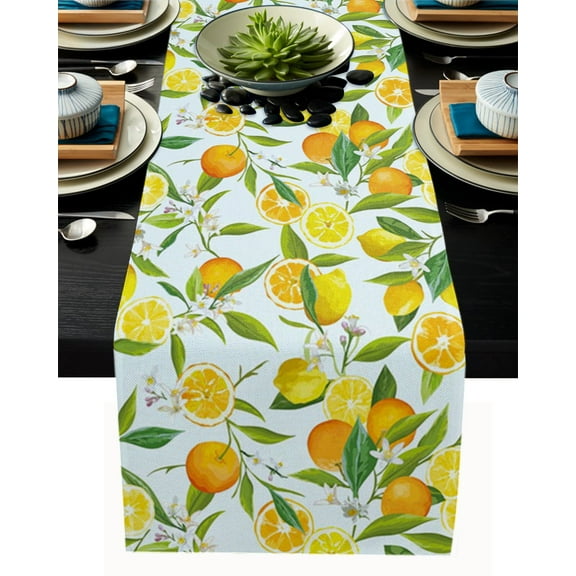 Table Runner Dresser Scarves 90 Inch Long, Summer Farm Orange Citrus Fruit Green Leaves Linen Dining Table Runners Watercolor Lemon Tabletop Scarf for Wedding Holiday Party Kitchen