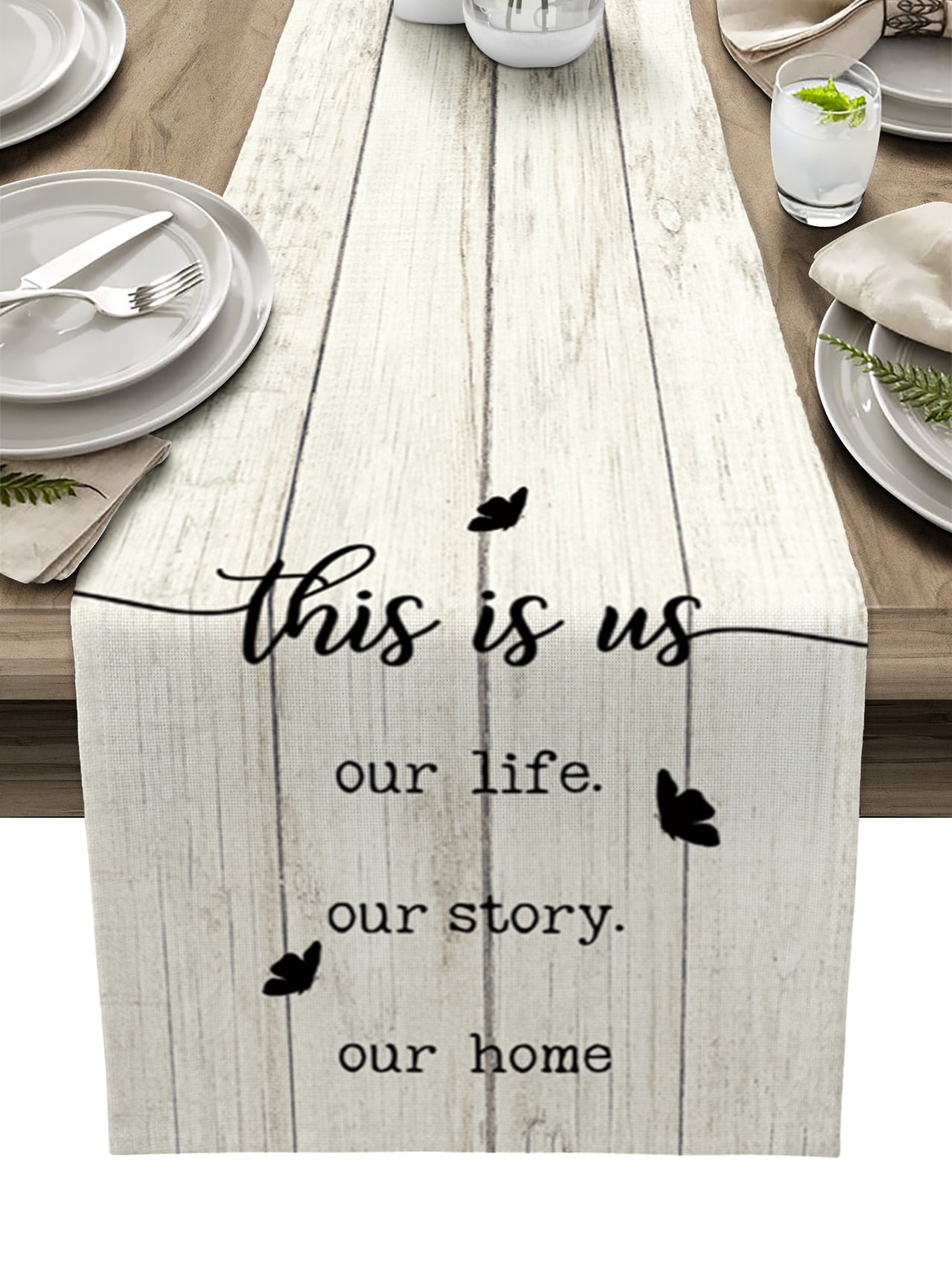 Table Runner Dresser Scarves 90 Inch Long, Vintage Farmhouse Wooden Board Linen Dining Table Runners This is Us Our life Our Story Our Home Tabletop Scarf for Wedding Holiday Party Kitchen