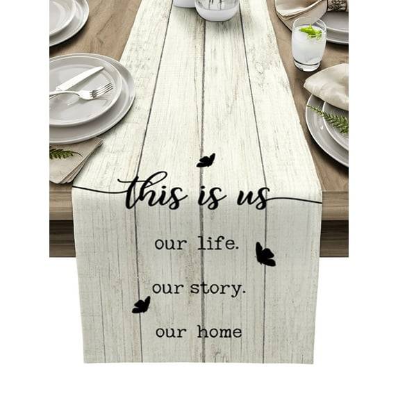 Table Runner Dresser Scarves 90 Inch Long, Vintage Farmhouse Wooden Board Linen Dining Table Runners This is Us Our life Our Story Our Home Tabletop Scarf for Wedding Holiday Party Kitchen