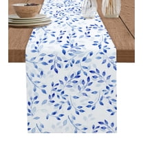 Table Runner Dresser Scarves 90 Inch Long, Watercolor Blue Botanical Leaves Linen Dining Table Runners Abstract Plants on White Tabletop Scarf for Wedding Holiday Party Kitchen