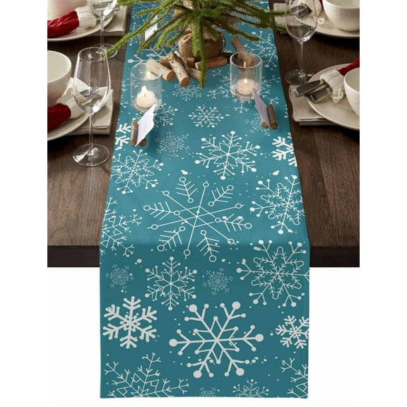 Table Runner Dresser Scarves 90 Inch Long,Watercolor Christmas Snowflakes on Teal Linen Dining Table Runners