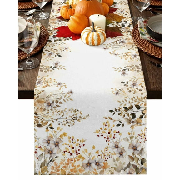Table Runner Dresser Scarves 90 Inch Long,Watercolor Flower Fall Leaves Linen Dining Table Runners