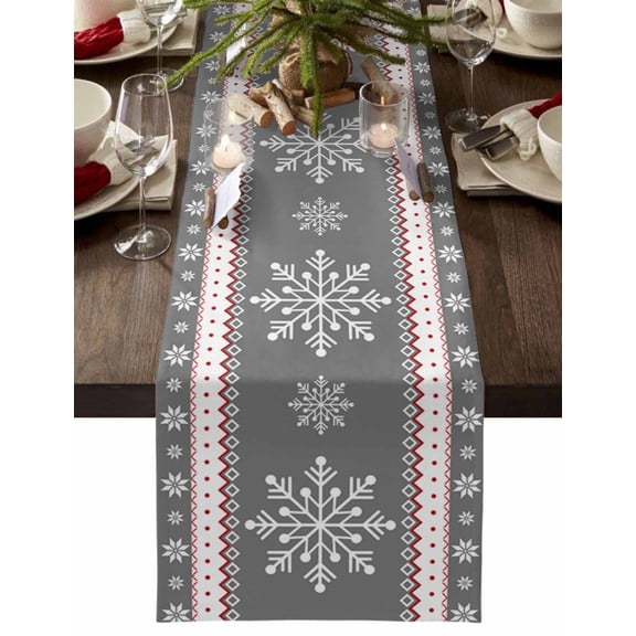 Table Runner Dresser Scarves 90 Inch Long,Winter Christmas Snowflake Red Ripple Linen Dining Table Runners