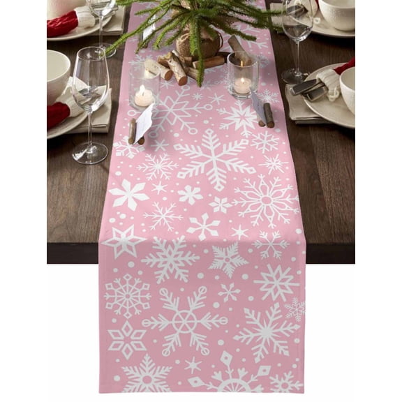 Table Runner Dresser Scarves 90 Inch Long,Winter Snowflake on Pink Linen Dining Table Runners