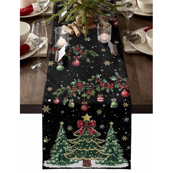 Table Runner Dresser Scarves 90 Inch Long,Xmas Pine Tree Holly Berry Linen Dining Table Runners