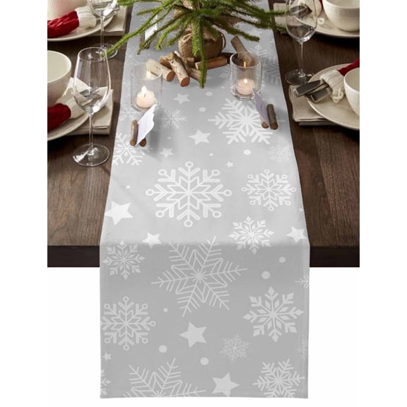 Table Runner Dresser Scarves 90 Inch Long,Xmas Snowflakes on Gray Linen Dining Table Runners