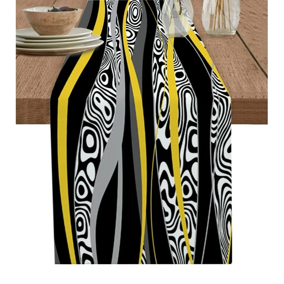 Table Runner Dresser Scarves 90 Inch Long, Yellow and Black Geometric Stripe Linen Dining Table Runners Abstract Swirling Zebra Skin Tabletop Scarf for Wedding Holiday Party Kitchen