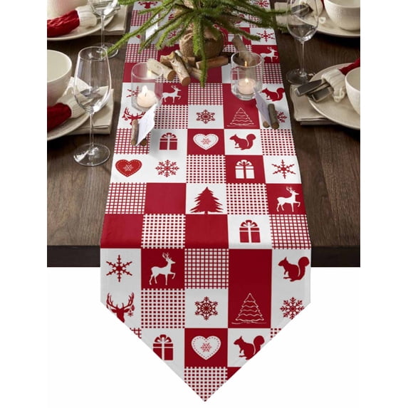 Table Runner Dresser Scarves Christams Elks Pine and Snowflakes Cotton Linen Burlap Table Cover Farm Red and White Lattice Table Runners for Family Kitchen Dining Holiday Party Banquet Decor