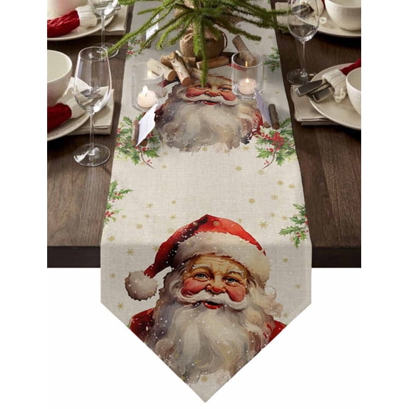 Table Runner Dresser Scarves Christmas Amiable Santa Claus Cotton Linen Burlap Table Cover Holly Snowflake on Burlap Table Runners for Family Kitchen Dining Holiday Party Banquet Decor