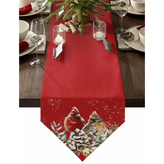 Table Runner Dresser Scarves Christmas Cardinal Bird and Pine Cone Cotton Linen Burlap Table Cover Green Leaves Gold Dot on Red Table Runners for Family Kitchen Dining Holiday Party Banquet Decor