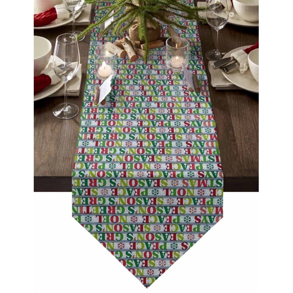 Table Runner Dresser Scarves Christmas Colorful Word and Stripes Cotton Linen Burlap Table Cover Xmas Quote with Snowflake Table Runners for Family Kitchen Dining Holiday Party Banquet Decor
