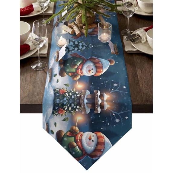 Table Runner Dresser Scarves Christmas Cute Cartoon Snowman Cotton Linen Burlap Table Cover Tree Snow-covered Landscape Table Runners for Family Kitchen Dining Holiday Party Banquet Decor