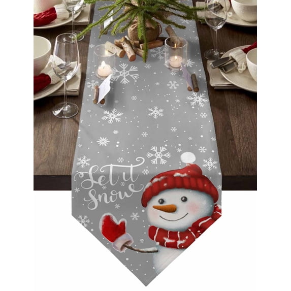 Table Runner Dresser Scarves Christmas Cute Snowman with Hat Scarf Cotton Linen Burlap Table Cover Winter Snowflake on Gray Table Runners for Family Kitchen Dining Holiday Party Banquet Decor