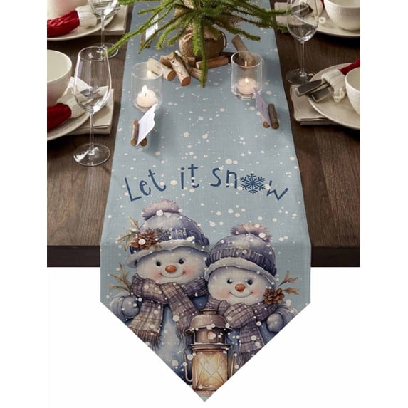 Table Runner Dresser Scarves Christmas Cute Snowman Lantern Cotton Linen Burlap Table Cover Winter Snowflake on Blue Flax Table Runners for Family Kitchen Dining Holiday Party Banquet Decor