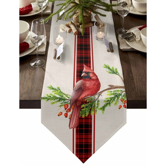 Table Runner Dresser Scarves Christmas Farm Red Cardinal Bird Cotton Linen Burlap Table Cover Tree Branch on Burlap Table Runners for Family Kitchen Dining Holiday Party Banquet Decor