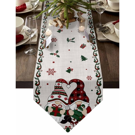 Table Runner Dresser Scarves Christmas Gnome Lover Xmas Tree Cotton Linen Burlap Table Cover Holly Leaf Snowflake on Flax Table Runners for Family Kitchen Dining Holiday Party Banquet Decor