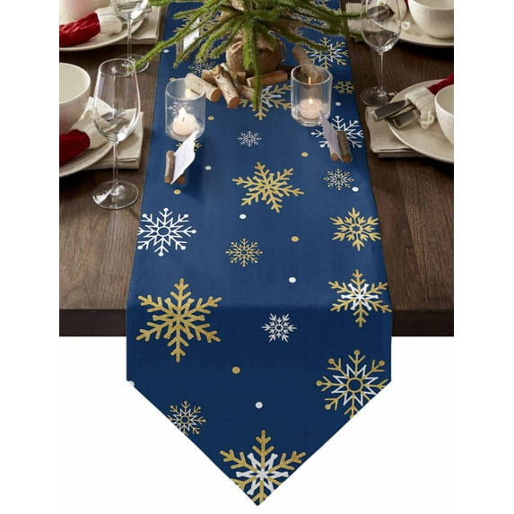 Table Runner Dresser Scarves Christmas Gold White Snowflake Cotton Linen Burlap Table Cover Winter Snow Texture on Blue Table Runners for Family Kitchen Dining Holiday Party Banquet Decor