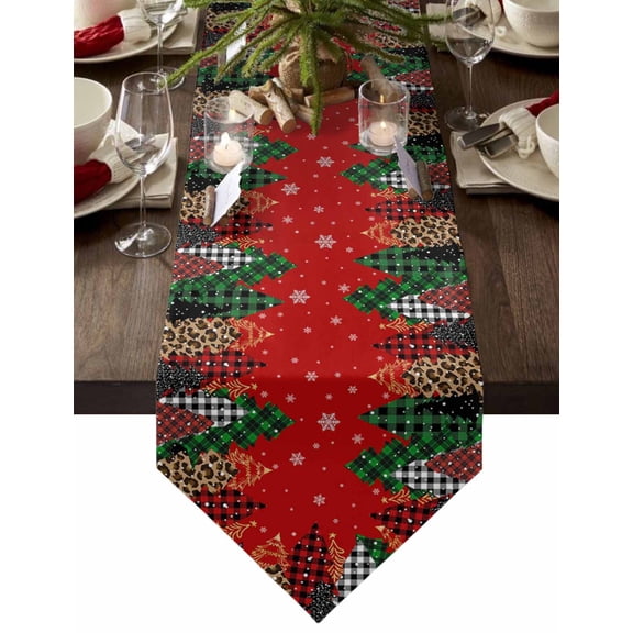 Table Runner Dresser Scarves Christmas Grid Leopard Xmas Tree Cotton Linen Burlap Table Cover Winter Snowflake Texture on Red Table Runners for Family Kitchen Dining Holiday Party Banquet Decor