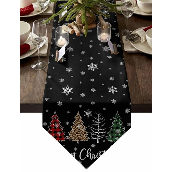 Table Runner Dresser Scarves Christmas Leopard Grid Xmas Tree Cotton Linen Burlap Table Cover Winter Snowflake on Black Table Runners for Family Kitchen Dining Holiday Party Banquet Decor
