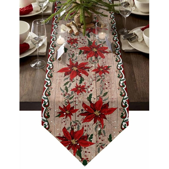 Table Runner Dresser Scarves Christmas Poinsettia Floral Holly Cotton Linen Burlap Table Cover Watercolor Flower on Wood Barn Table Runners for Family Kitchen Dining Holiday Party Banquet Decor