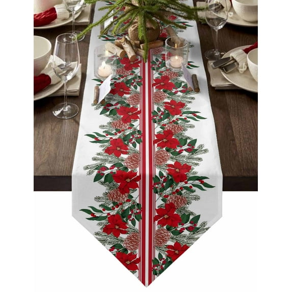 Table Runner Dresser Scarves Christmas Poinsettia Floral Pine Cone Cotton Linen Burlap Table Cover Green Leaves on White Table Runners for Family Kitchen Dining Holiday Party Banquet Decor