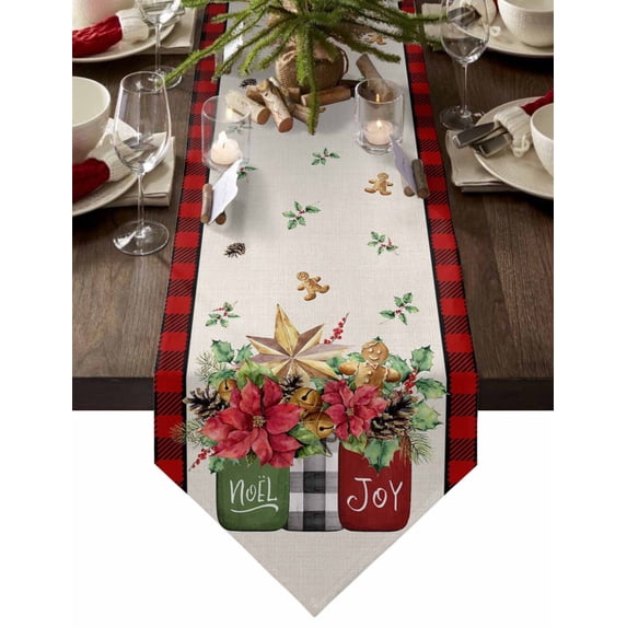 Table Runner Dresser Scarves Christmas Poinsettia Flower Holly Cotton Linen Burlap Table Cover Red Black Checker and Linen Table Runners for Family Kitchen Dining Holiday Party Banquet Decor