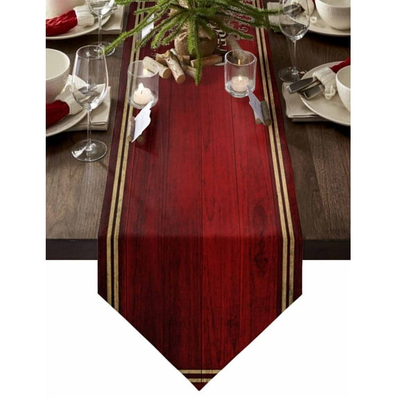 Table Runner Dresser Scarves Christmas Retro Kermesinus Red Wooden Plank Cotton Linen Burlap Table Cover Vintage Farmhouse Table Runners for Family Kitchen Dining Holiday Party Banquet Decor