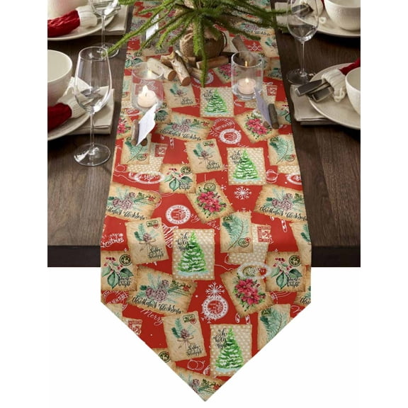 Table Runner Dresser Scarves Christmas Retro Stamp Texture on Red Cotton Linen Burlap Table Cover Poinsettia Floral Xmas Tree Table Runners for Family Kitchen Dining Holiday Party Banquet Decor