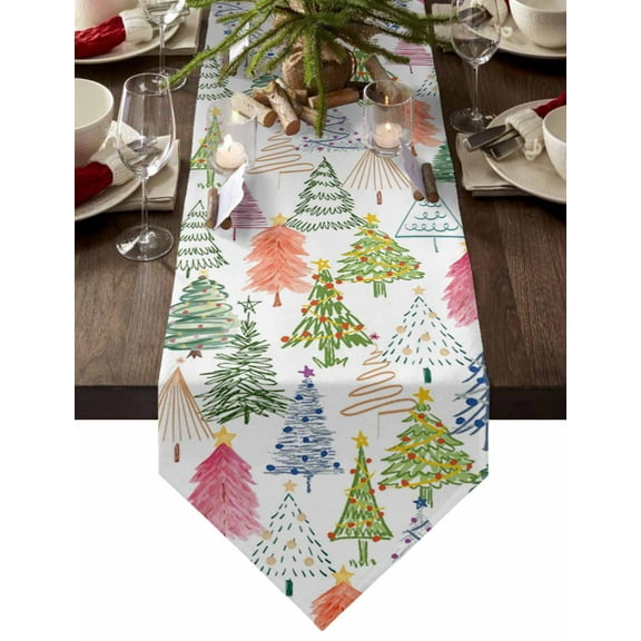 Table Runner Dresser Scarves Christmas Sketch Xmas Tree on White Cotton Linen Burlap Table Cover Colorful Stripe Pine Table Runners for Family Kitchen Dining Holiday Party Banquet Decor