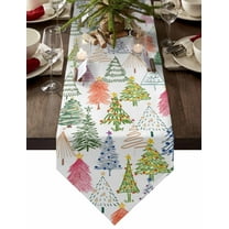 Table Runner Dresser Scarves Christmas Sketch Xmas Tree on White Cotton Linen Burlap Table Cover Colorful Stripe Pine Table Runners for Family Kitchen Dining Holiday Party Banquet Decor