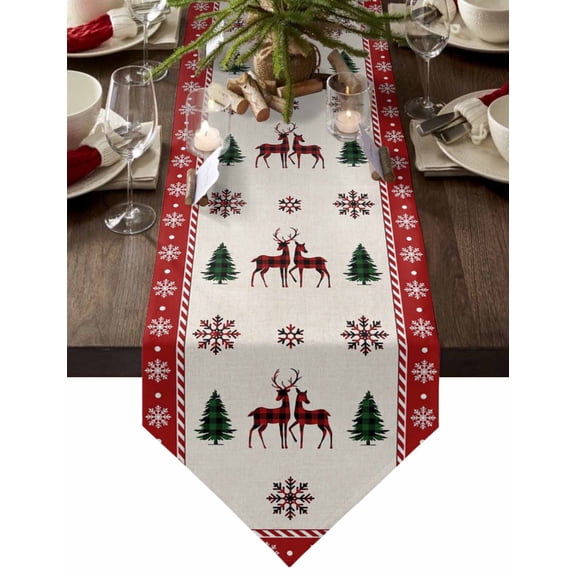 Table Runner Dresser Scarves Christmas Snowflake Lattice Elks Pine Tree Cotton Linen Burlap Table Cover Retro Linen and Red Table Runners for Family Kitchen Dining Holiday Party Banquet Decor