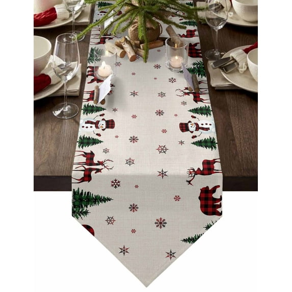 Table Runner Dresser Scarves Christmas Snowman Grid Bear Elks Pine Cotton Linen Burlap Table Cover Vintage Burlap Texture Table Runners for Family Kitchen Dining Holiday Party Banquet Decor