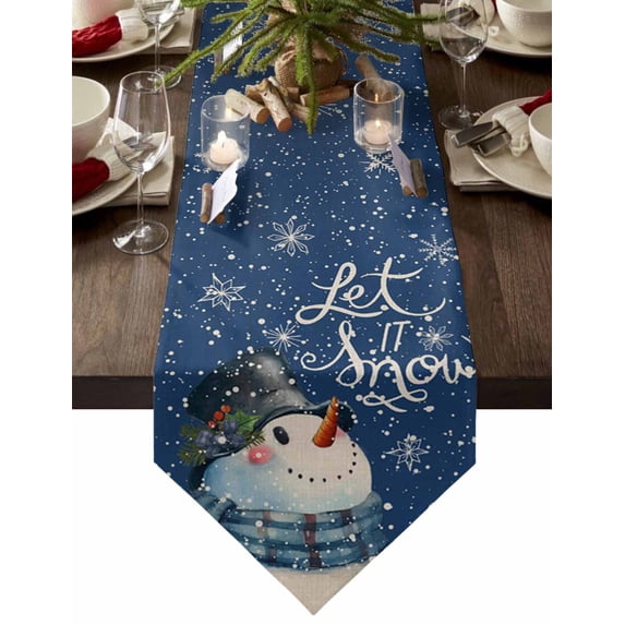 Table Runner Dresser Scarves Christmas Snowman with Scarf Cotton Linen Burlap Table Cover Snowflake Quote on Blue Table Runners for Family Kitchen Dining Holiday Party Banquet Decor