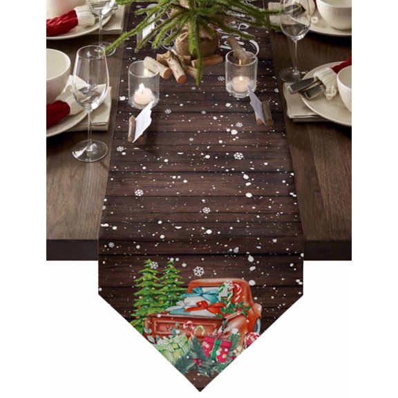 Table Runner Dresser Scarves Christmas Tree Present on Truck Snowflake Cotton Linen Burlap Table Cover Brown Wood Grain Table Runners for Family Kitchen Dining Holiday Party Banquet Decor