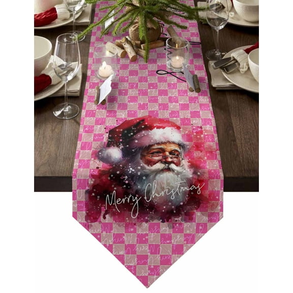 Table Runner Dresser Scarves Christmas Watercolor Santa Claus Cotton Linen Burlap Table Cover Pink Buffalo Checker Table Runners for Family Kitchen Dining Holiday Party Banquet Decor
