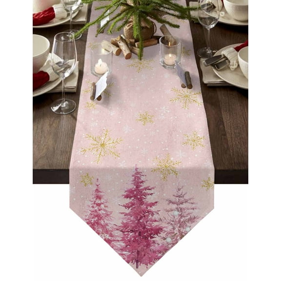 Table Runner Dresser Scarves Christmas Watercolor Xmas Tree Cotton Linen Burlap Table Cover Gold Snowflake on Pink Table Runners for Family Kitchen Dining Holiday Party Banquet Decor