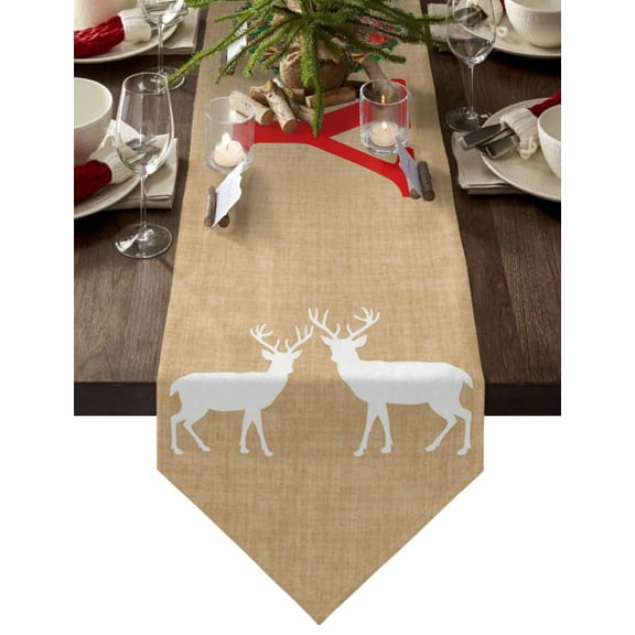 Table Runner Dresser Scarves Christmas White Reindeers Shadow Wreath Cotton Linen Burlap Table Cover Retro Farm Linen Texture Table Runners for Family Kitchen Dining Holiday Party Banquet Decor