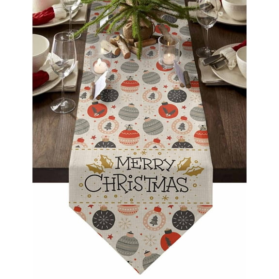 Table Runner Dresser Scarves Merry Christmas Ball Snowflake Cotton Linen Burlap Table Cover Seamless Bauble on Linen Table Runners for Family Kitchen Dining Holiday Party Banquet Decor