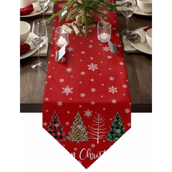 Table Runner Dresser Scarves Merry Christmas Leopard Grid Tree Cotton Linen Burlap Table Cover Seamless Snowflake on Red Table Runners for Family Kitchen Dining Holiday Party Banquet Decor
