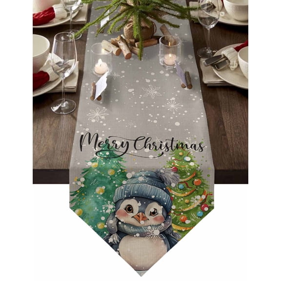 Table Runner Dresser Scarves Merry Christmas Penguin Xmas Tree Cotton Linen Burlap Table Cover Winter Snowflake on Gray Table Runners for Family Kitchen Dining Holiday Party Banquet Decor